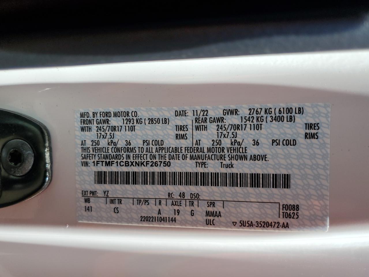 2022 Ford F150 VIN: 1FTMF1CBXNKF26750 Lot: 58537344