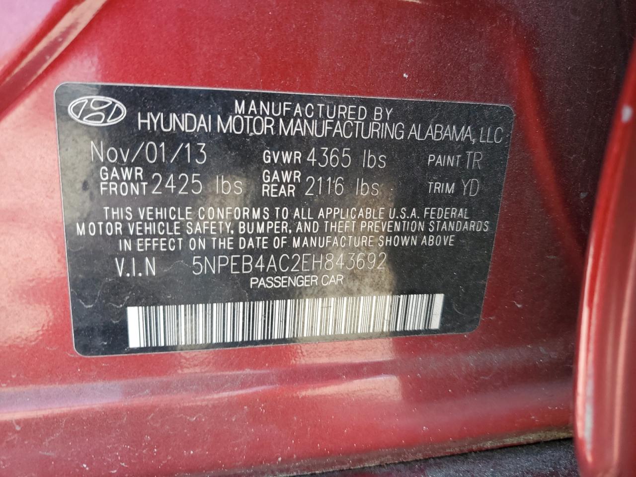 5NPEB4AC2EH843692 2014 Hyundai Sonata Gls