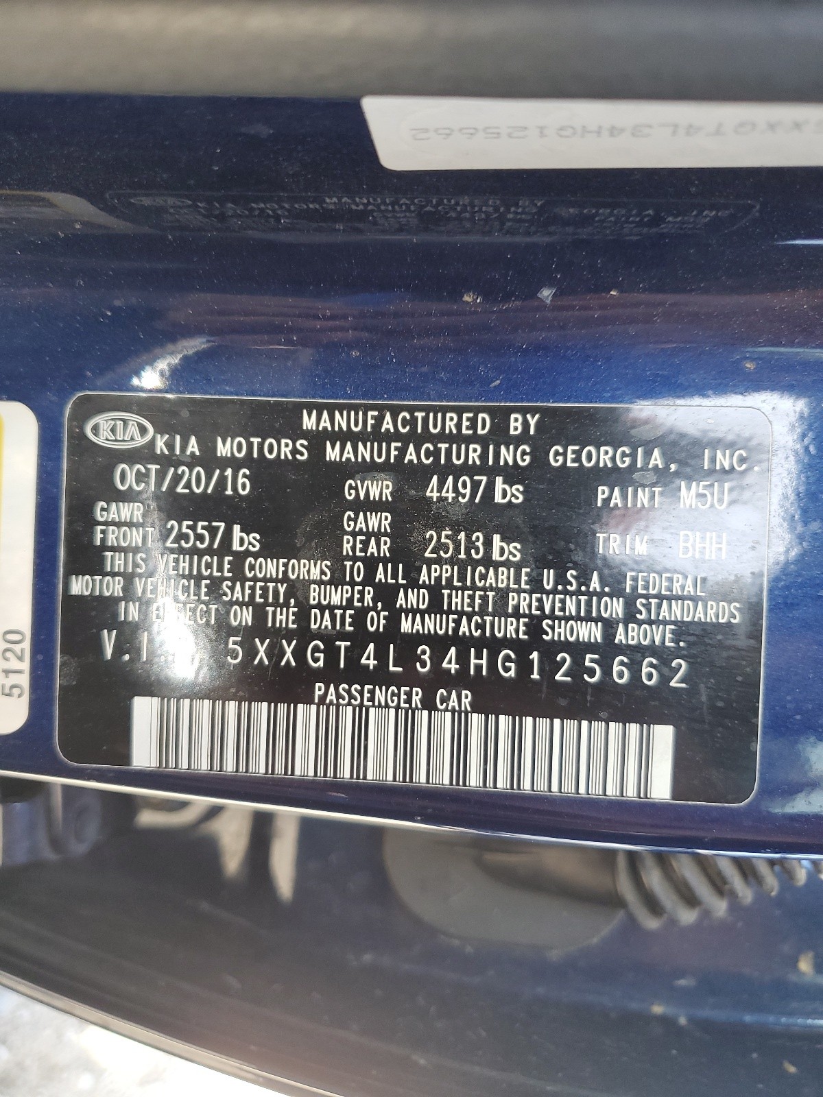 5XXGT4L34HG125662 2017 Kia Optima Lx