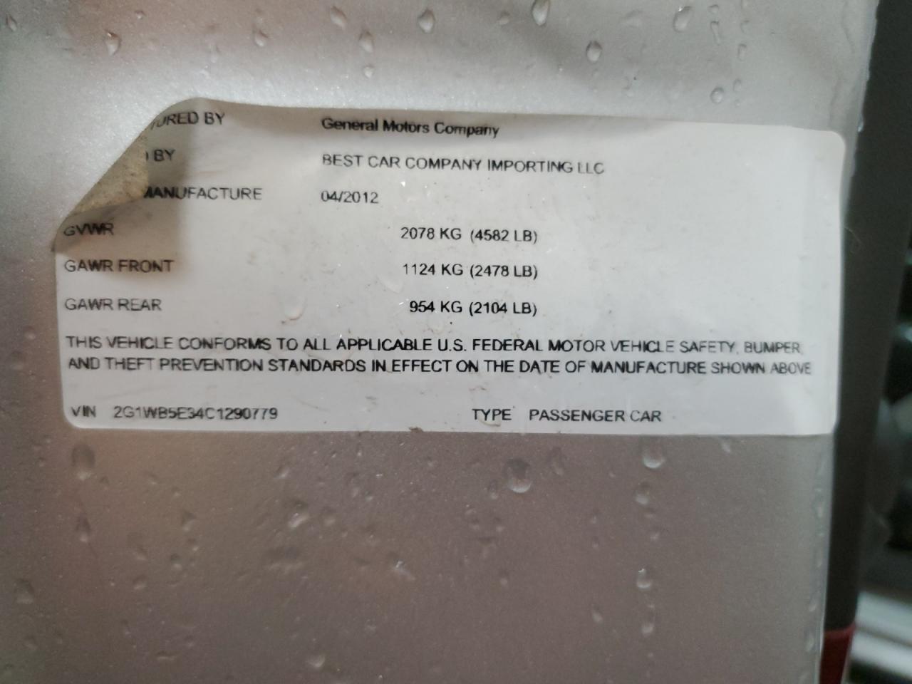 2012 Chevrolet Impala Lt VIN: 2G1WB5E34C1290779 Lot: 59904874