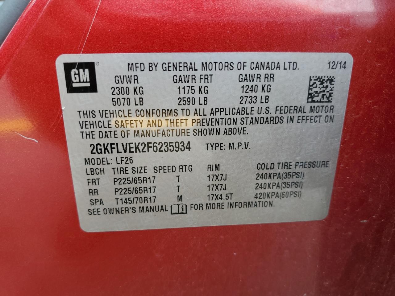 2GKFLVEK2F6235934 2015 GMC Terrain Sle