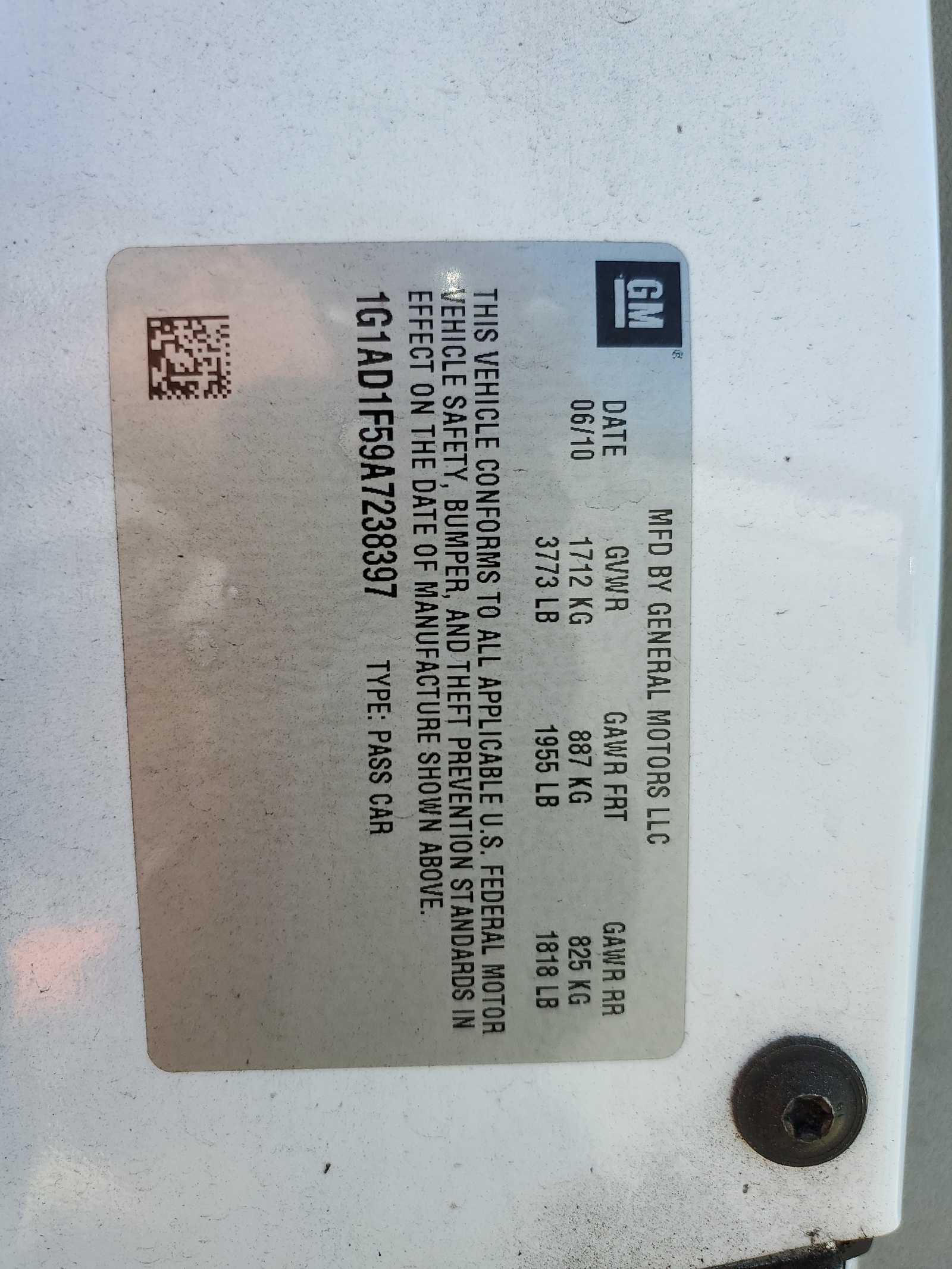 1G1AD1F59A7238397 2010 Chevrolet Cobalt 1Lt