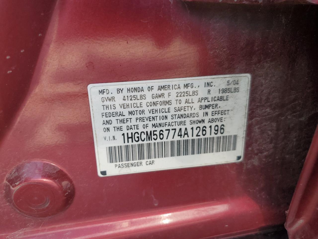 1HGCM56774A126196 2004 Honda Accord Ex