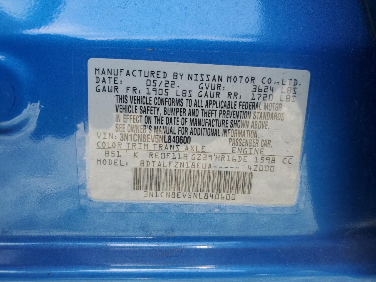 2022 Nissan Versa Sv VIN: 3N1CN8EV5NL840600 Lot: 61093694