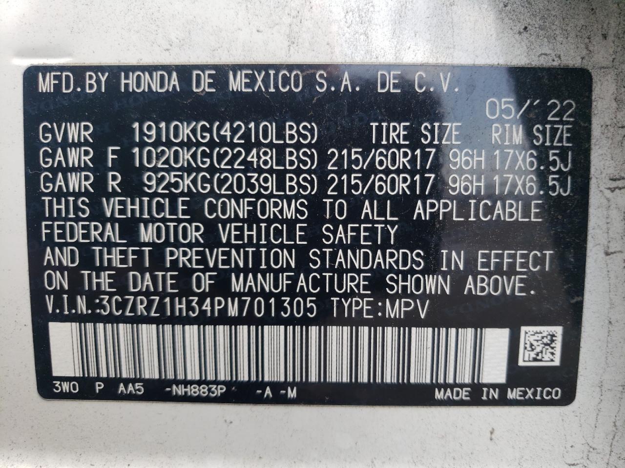 2023 Honda Hr-V Lx VIN: 3CZRZ1H34PM701305 Lot: 60883694