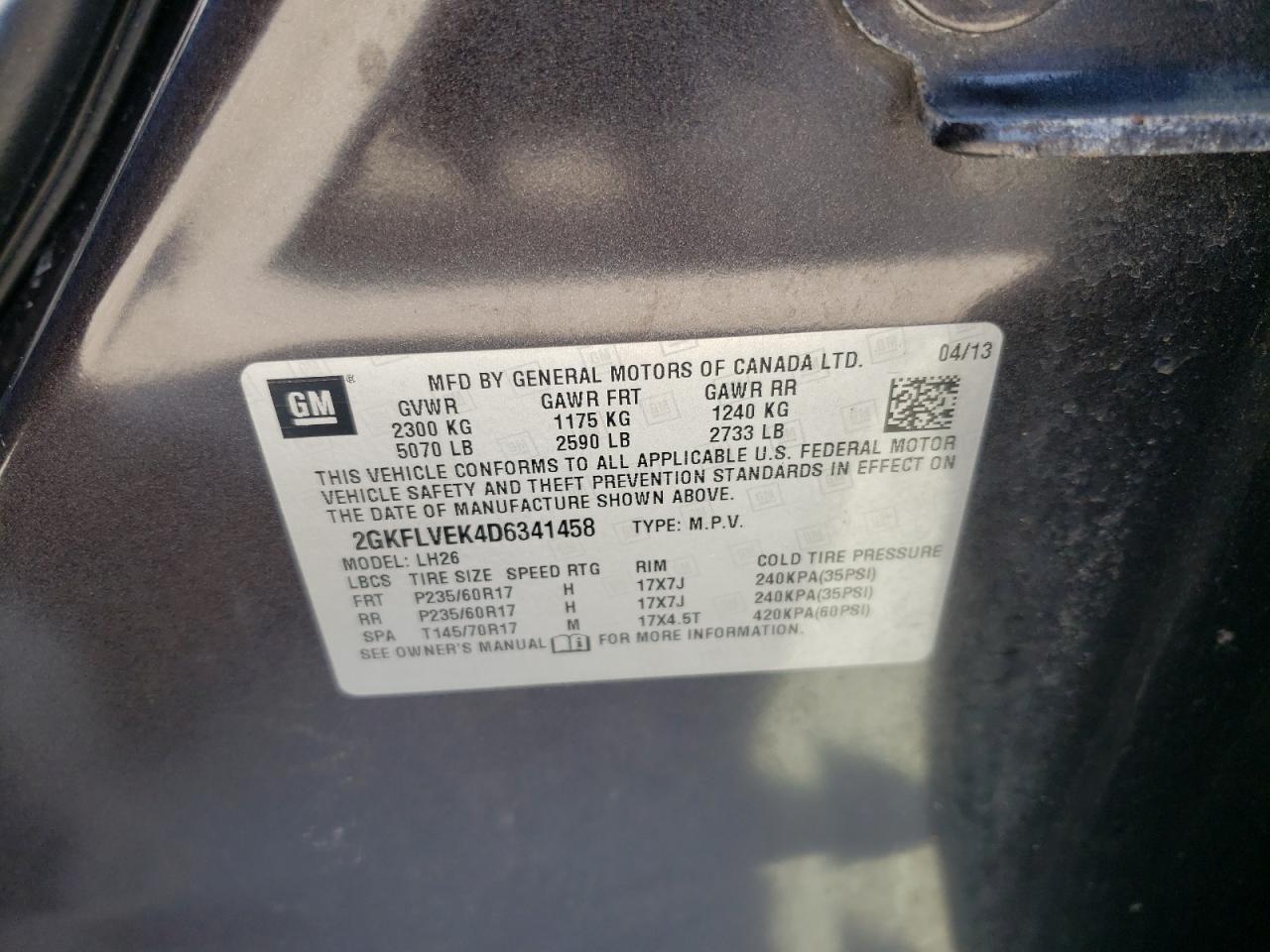 2013 GMC Terrain Slt VIN: 2GKFLVEK4D6341458 Lot: 59098624