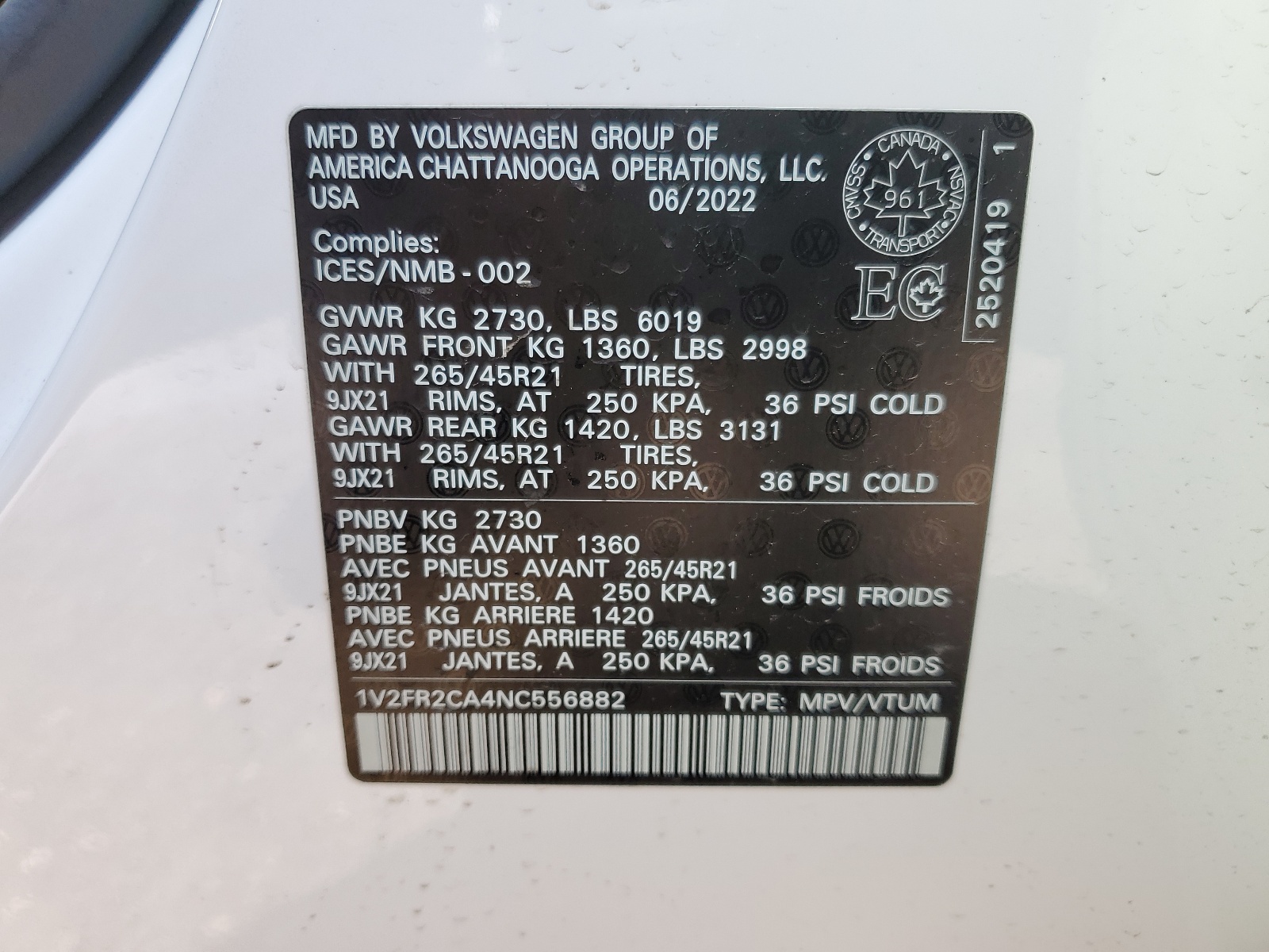 1V2FR2CA4NC556882 2022 Volkswagen Atlas Sel Premium R-Line