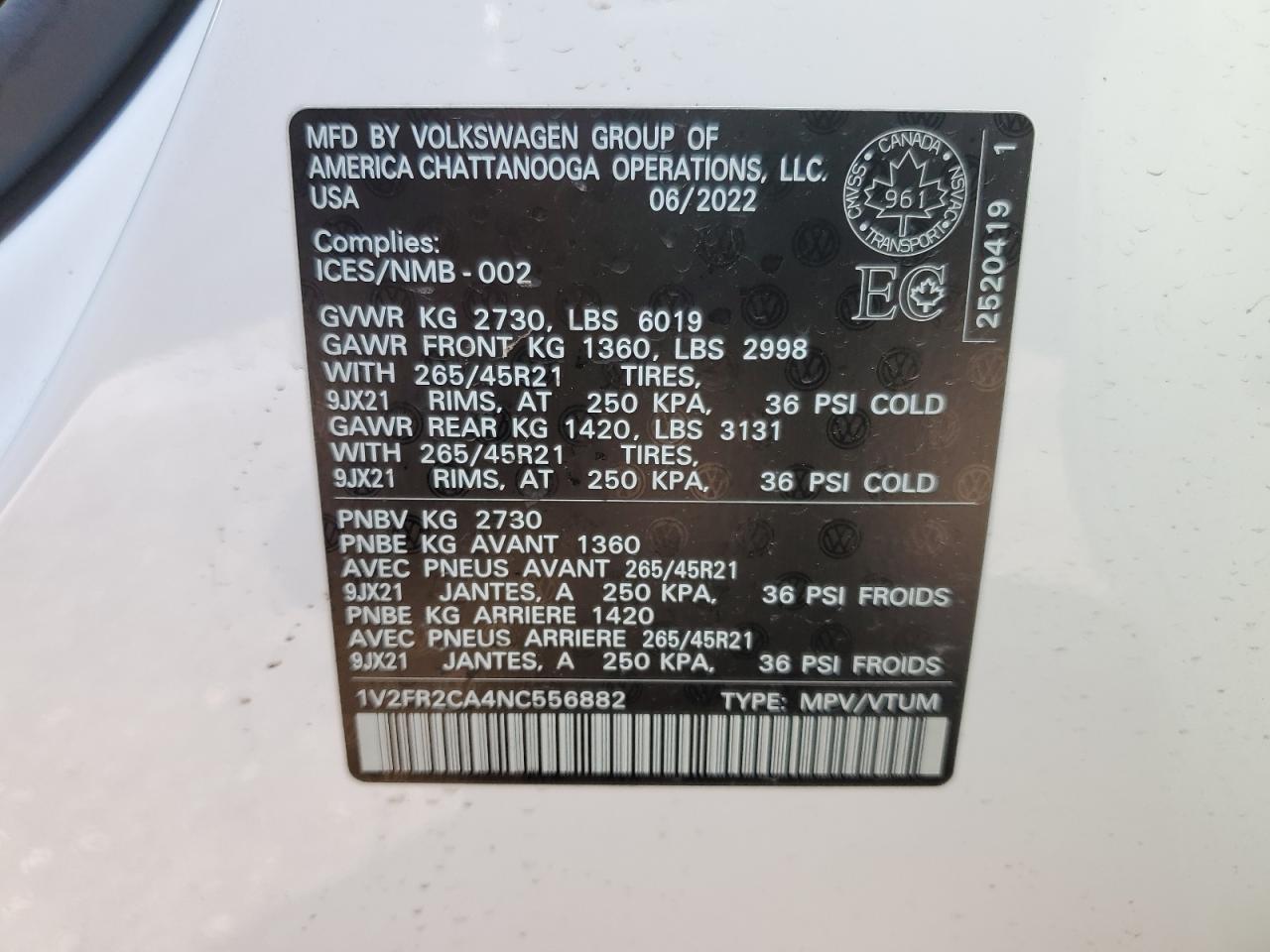 2022 Volkswagen Atlas Sel Premium R-Line VIN: 1V2FR2CA4NC556882 Lot: 60464824