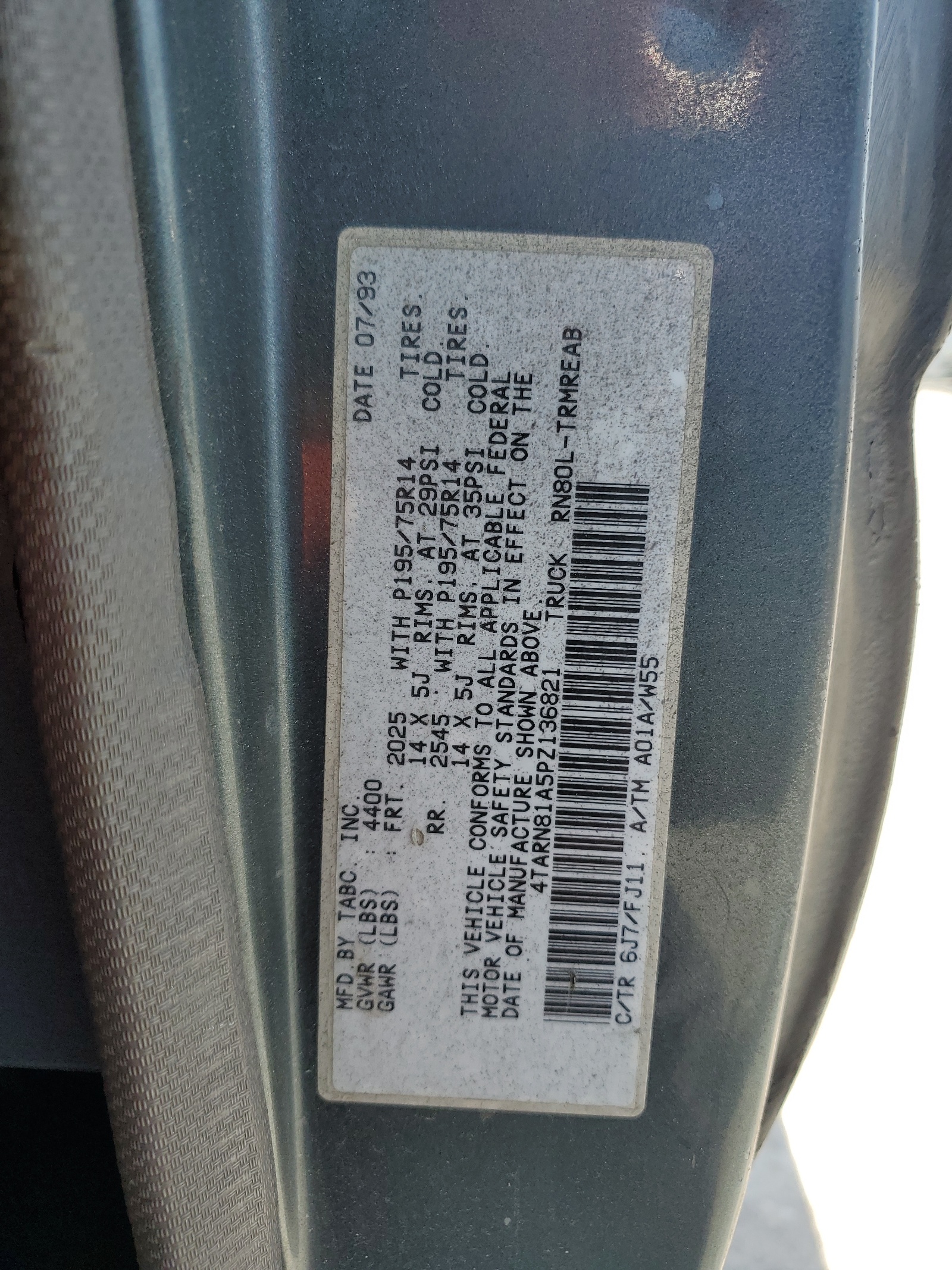 4TARN81A5PZ136821 1993 Toyota Pickup 1/2 Ton Short Wheelbase Stb