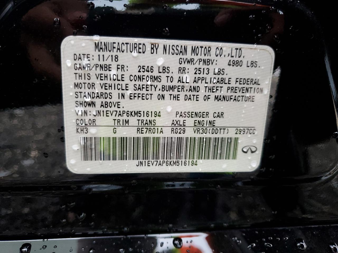 2019 Infiniti Q50 Luxe VIN: JN1EV7AP6KM516194 Lot: 60080864