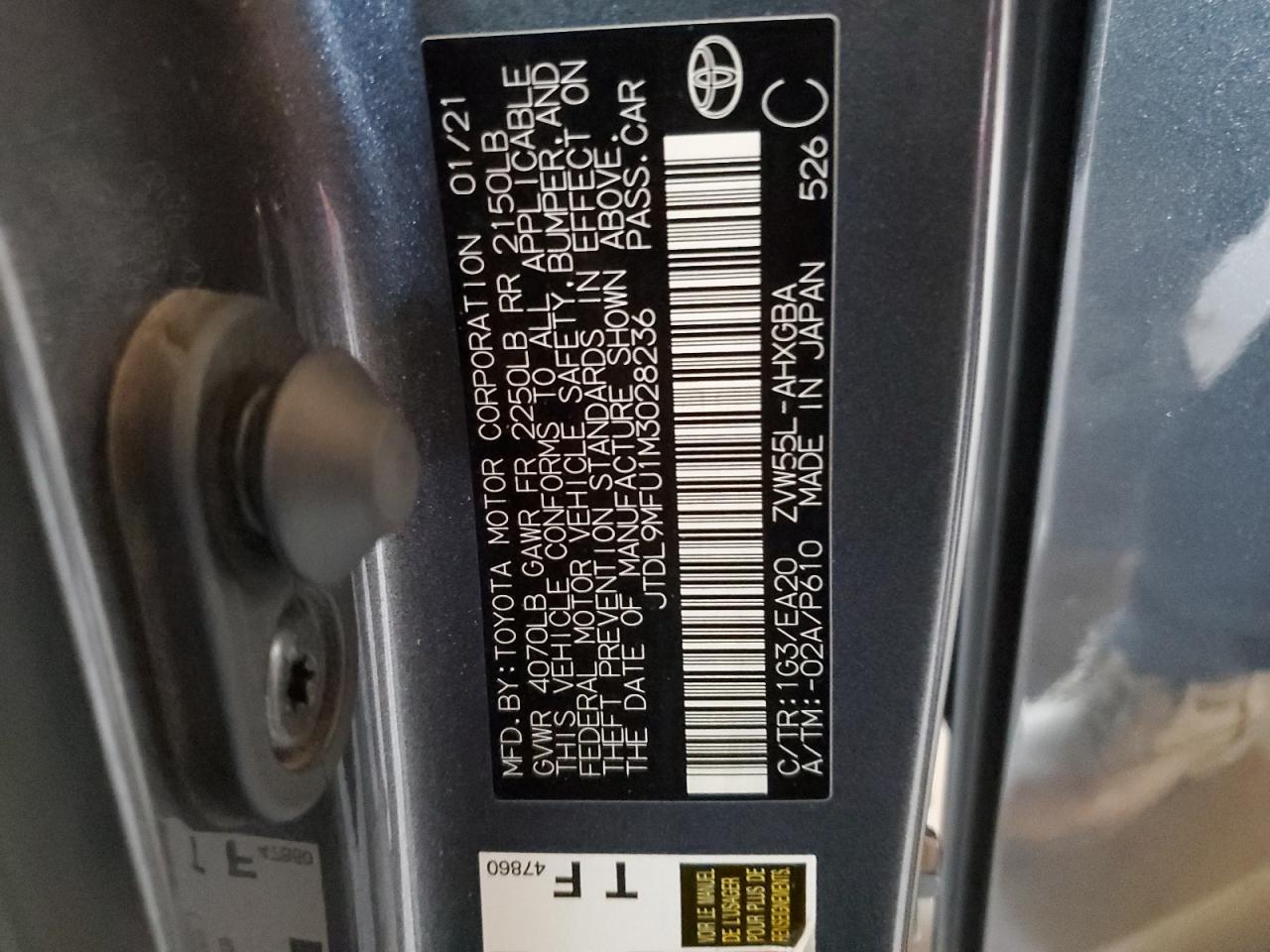 2021 Toyota Prius Le VIN: JTDL9MFU1M3028236 Lot: 57982524