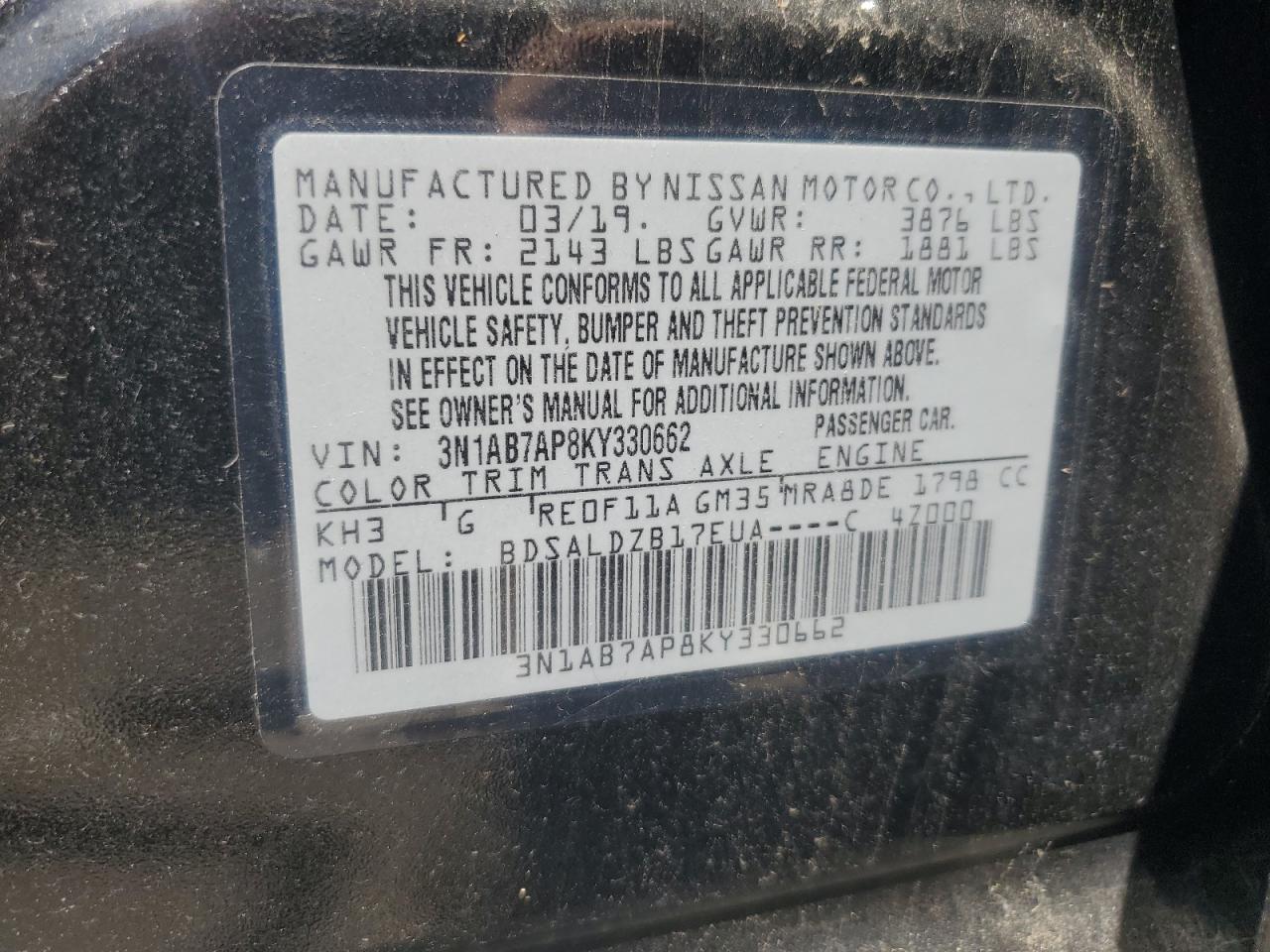 3N1AB7AP8KY330662 2019 Nissan Sentra S