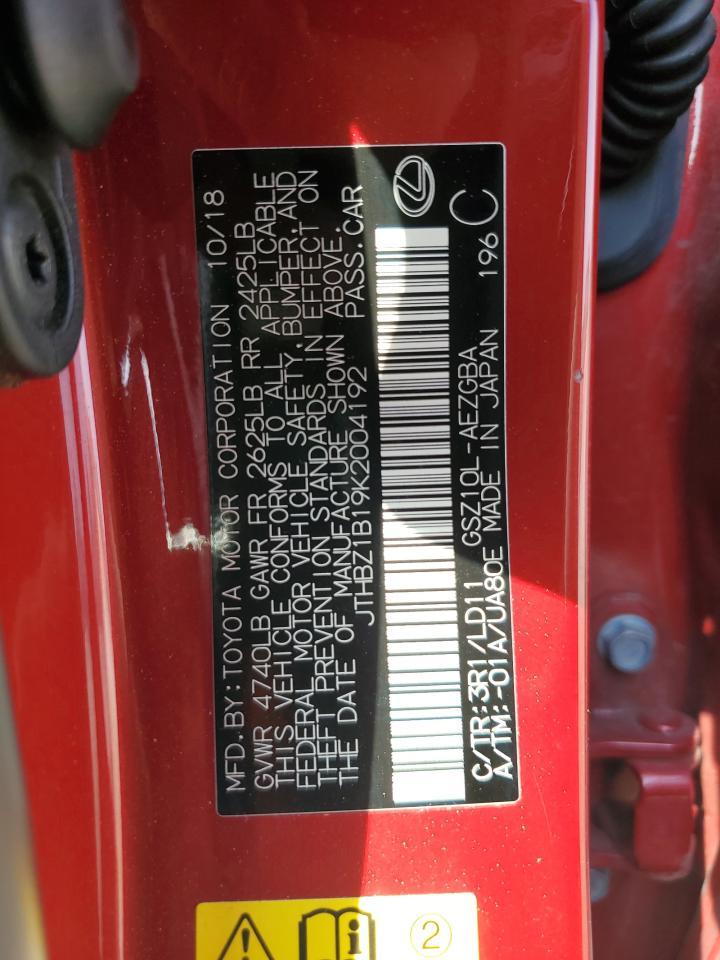 2019 Lexus Es 350 VIN: JTHBZ1B19K2004192 Lot: 59547904