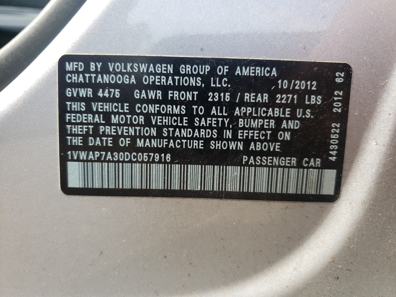 1VWAP7A30DC057916 2013 Volkswagen Passat S