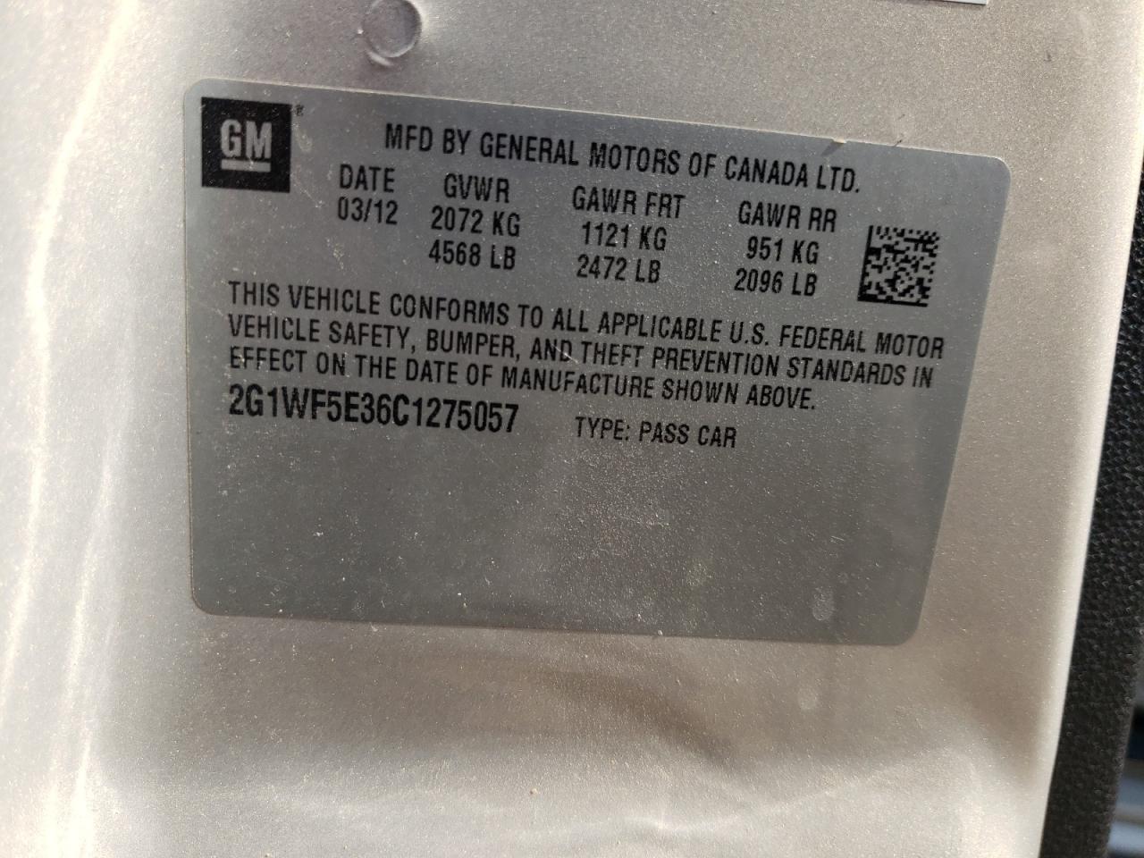 2G1WF5E36C1275057 2012 Chevrolet Impala Ls 2G1WF5E36C1275057 2012 Chevrolet Impala Ls