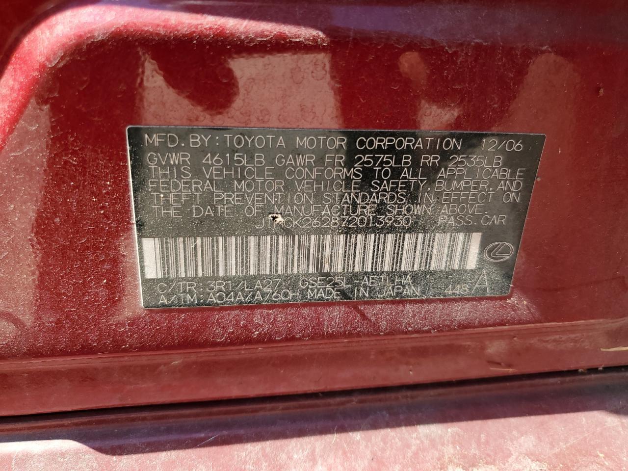 2007 Lexus Is 250 VIN: JTHCK262872013930 Lot: 58422994