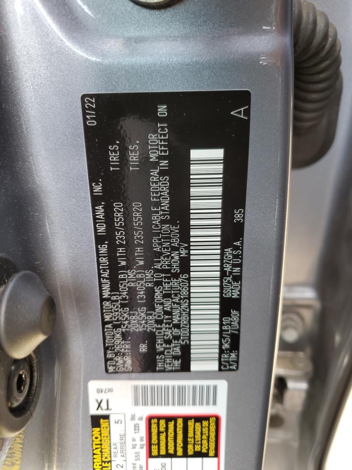 2022 Toyota Highlander Limited VIN: 5TDDZRBH2NS186076 Lot: 60876694