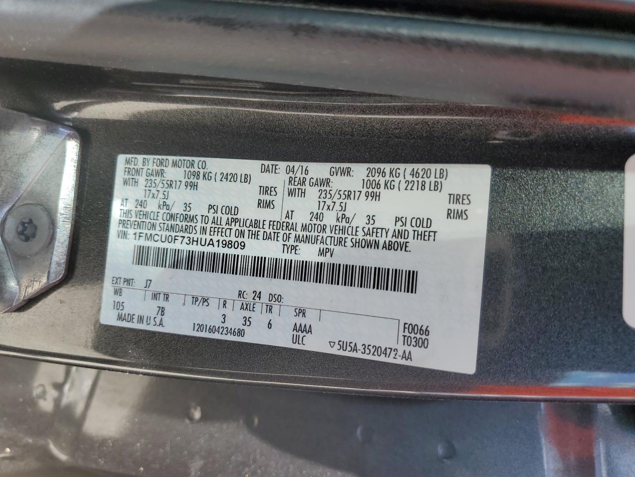 2017 Ford Escape S VIN: 1FMCU0F73HUA19809 Lot: 60221414