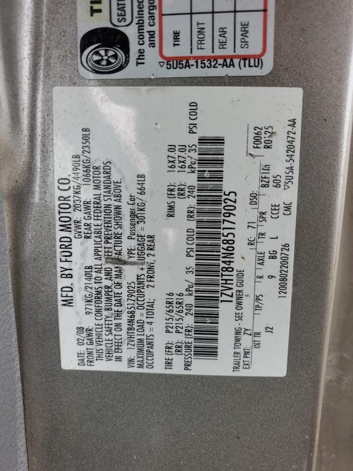 2008 Ford Mustang VIN: 1ZVHT84N685179025 Lot: 60351314