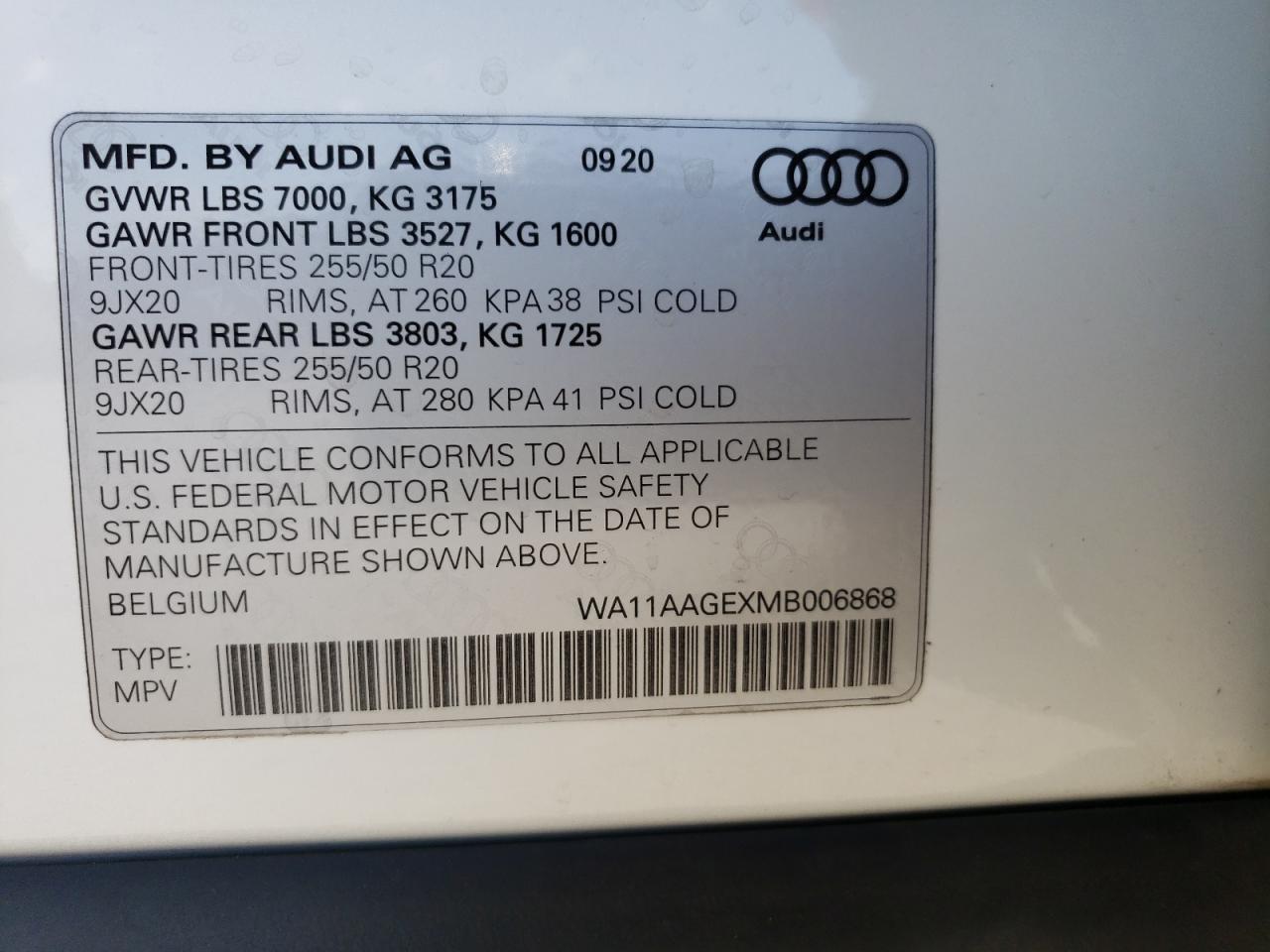 2021 Audi E-Tron Sportback Premium VIN: WA11AAGEXMB006868 Lot: 60858814