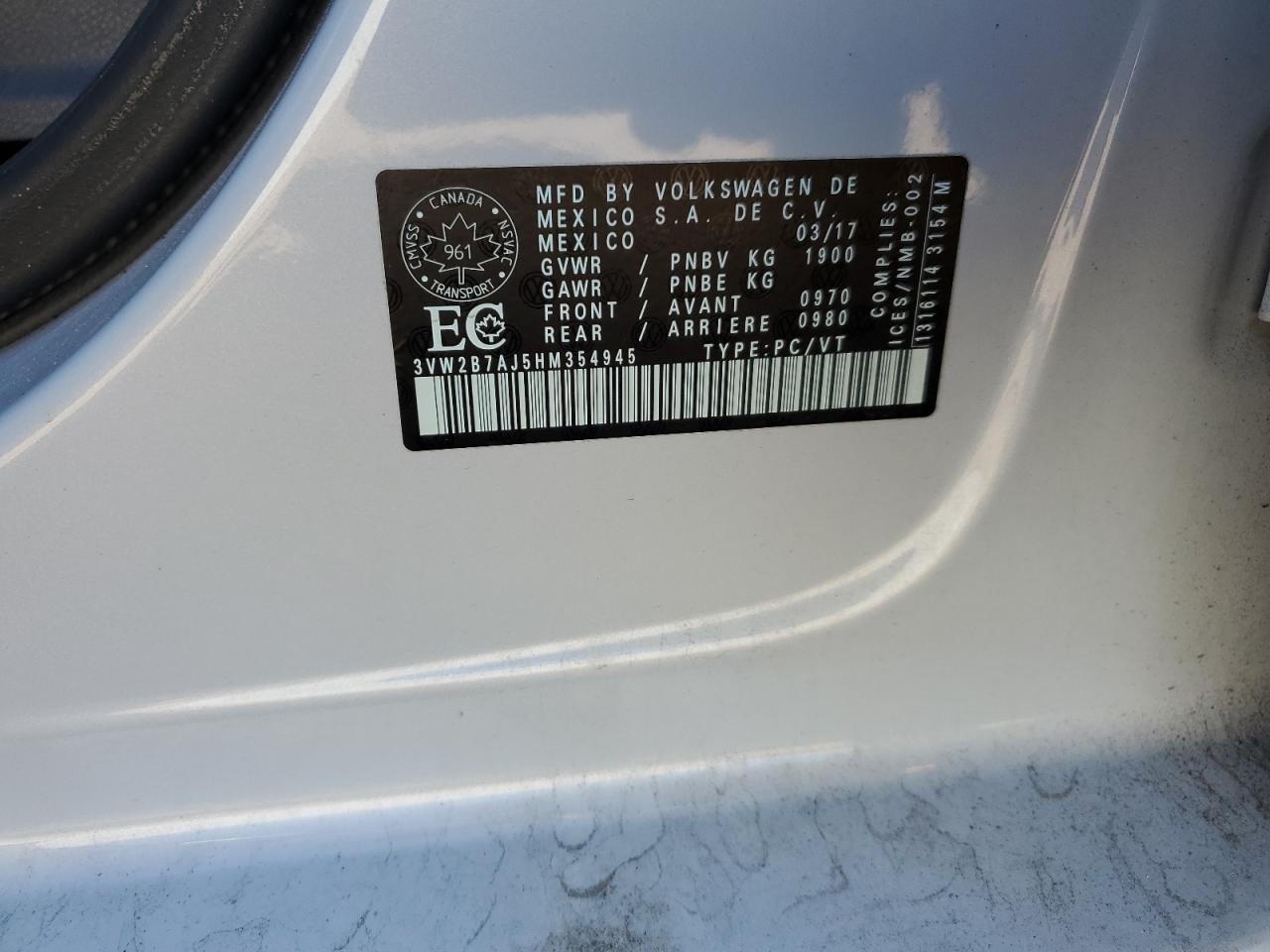 2017 Volkswagen Jetta S VIN: 3VW2B7AJ5HM354945 Lot: 61190264
