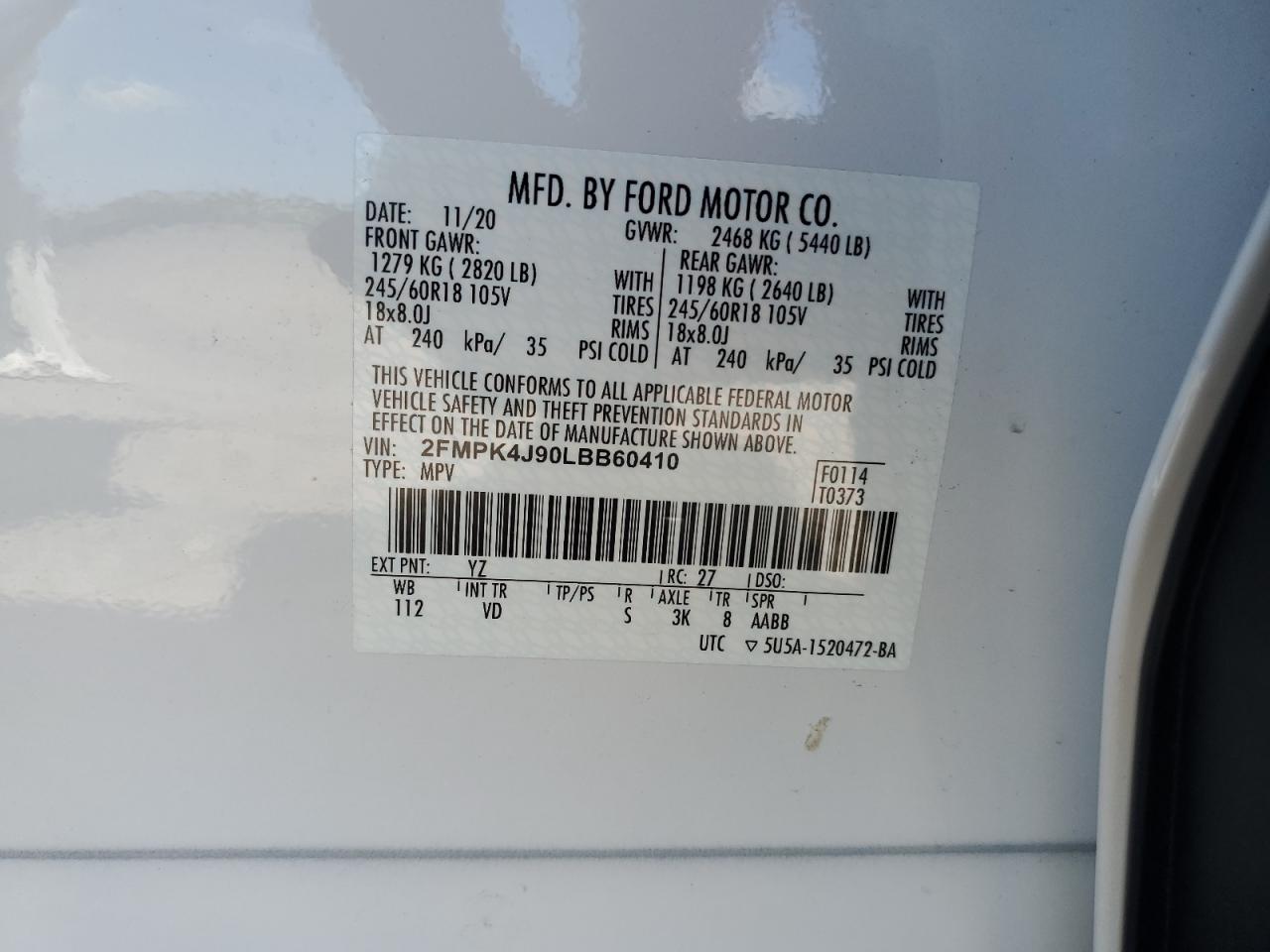 2020 Ford Edge Sel VIN: 2FMPK4J90LBB60410 Lot: 59882714