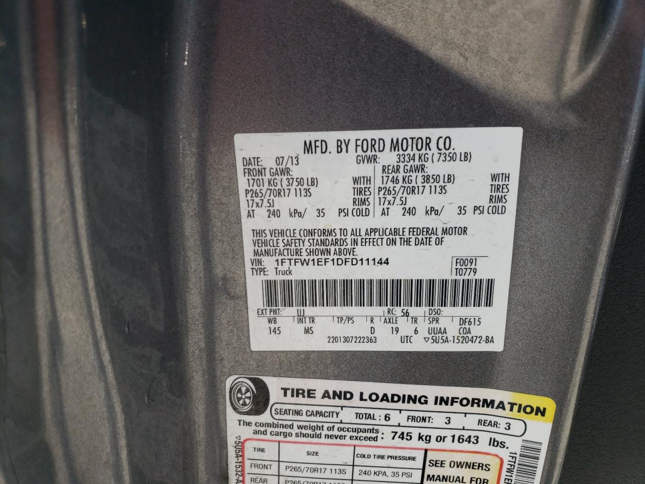 2013 Ford F150 Supercrew VIN: 1FTFW1EF1DFD11144 Lot: 59989474