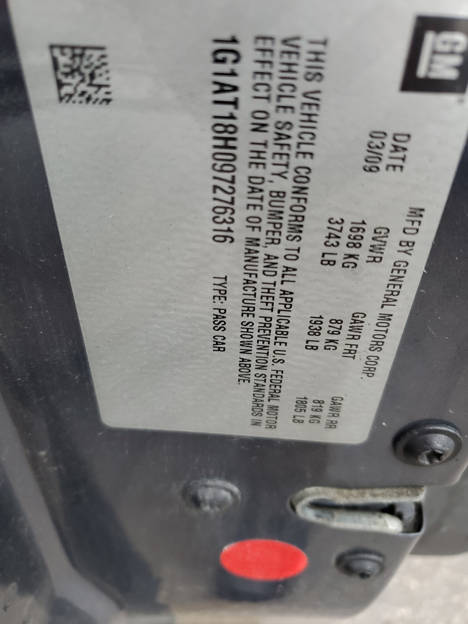 1G1AT18H097276316 2009 Chevrolet Cobalt Lt