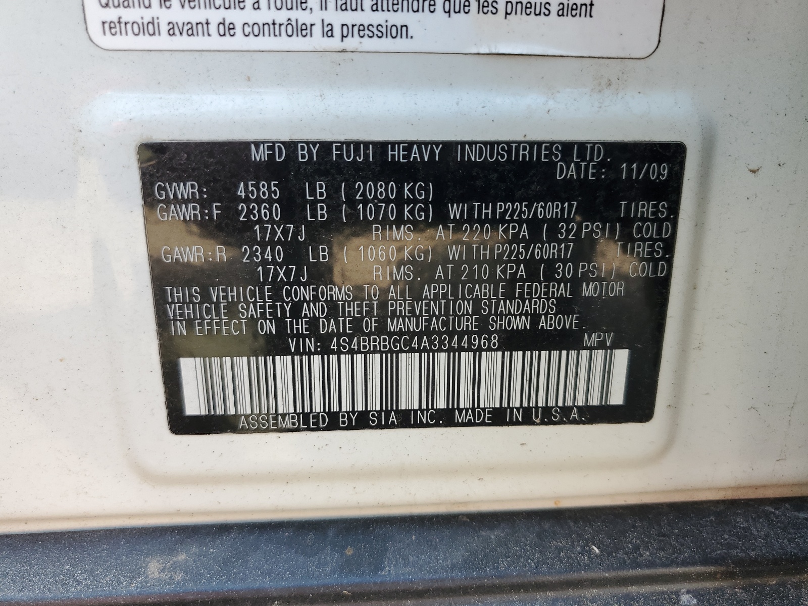 4S4BRBGC4A3344968 2010 Subaru Outback 2.5I Premium