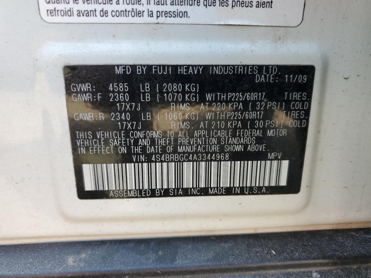 2010 Subaru Outback 2.5I Premium VIN: 4S4BRBGC4A3344968 Lot: 57006094