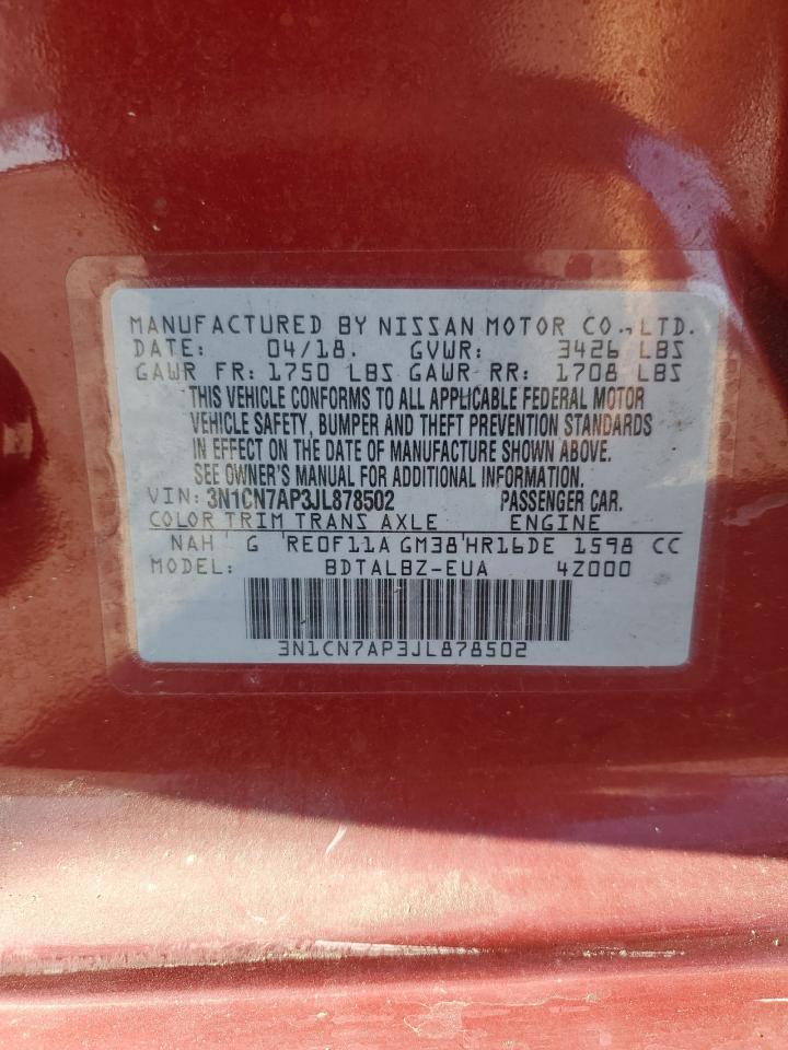 2018 Nissan Versa S VIN: 3N1CN7AP3JL878502 Lot: 57421004