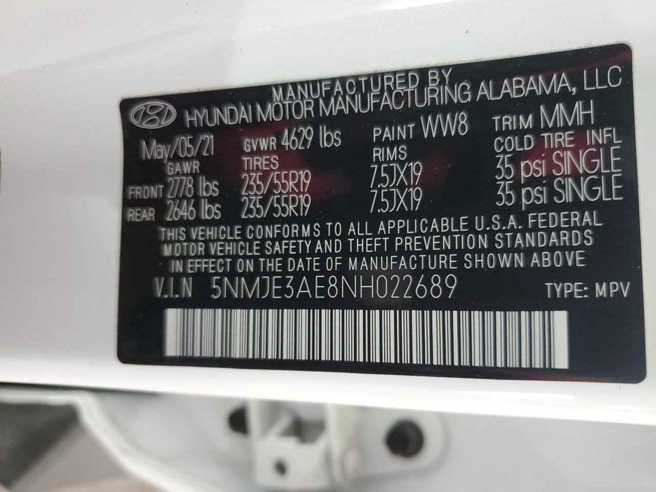 2022 Hyundai Tucson Limited VIN: 5NMJE3AE8NH022689 Lot: 60557904