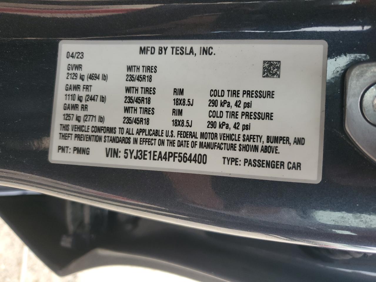 2023 Tesla Model 3 VIN: 5YJ3E1EA4PF564400 Lot: 59097854