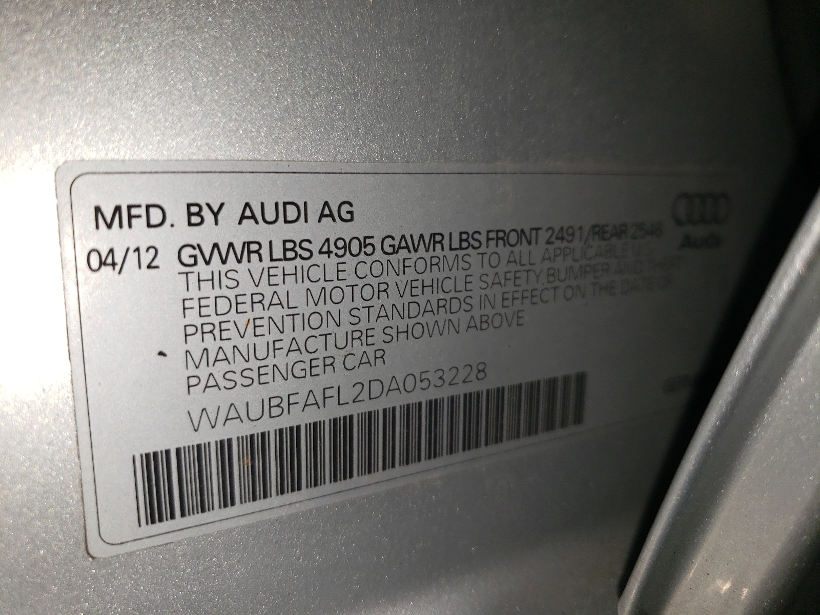 WAUBFAFL2DA053228 2013 Audi A4 Premium