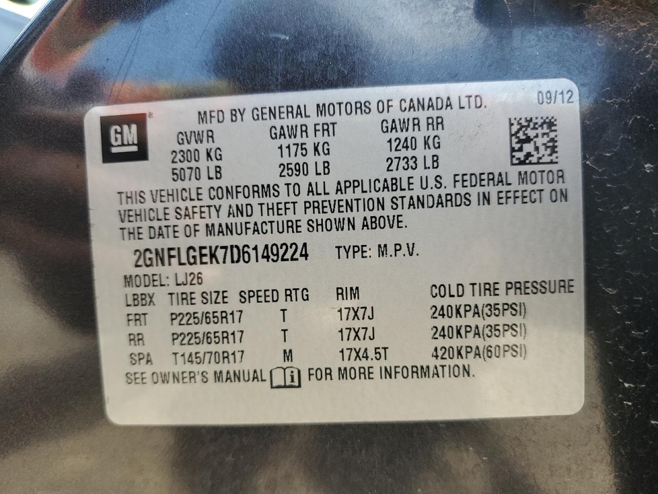 2013 Chevrolet Equinox Ltz VIN: 2GNFLGEK7D6149224 Lot: 58396264