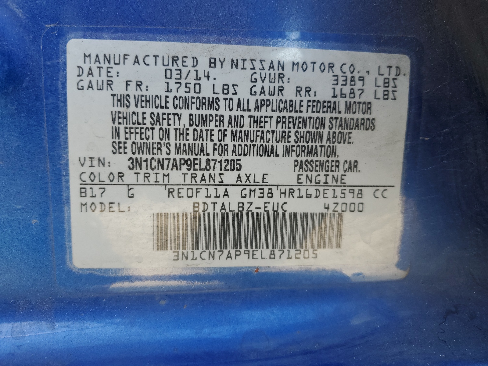 3N1CN7AP9EL871205 2014 Nissan Versa S