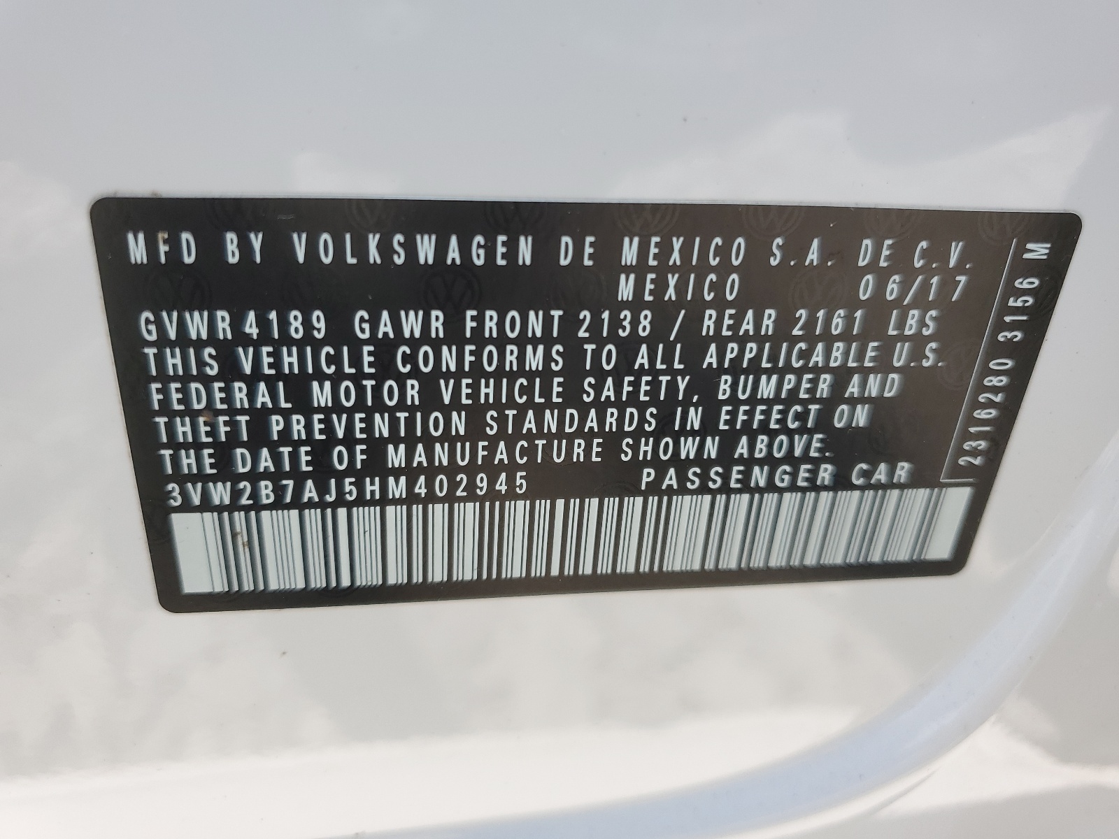 3VW2B7AJ5HM402945 2017 Volkswagen Jetta S