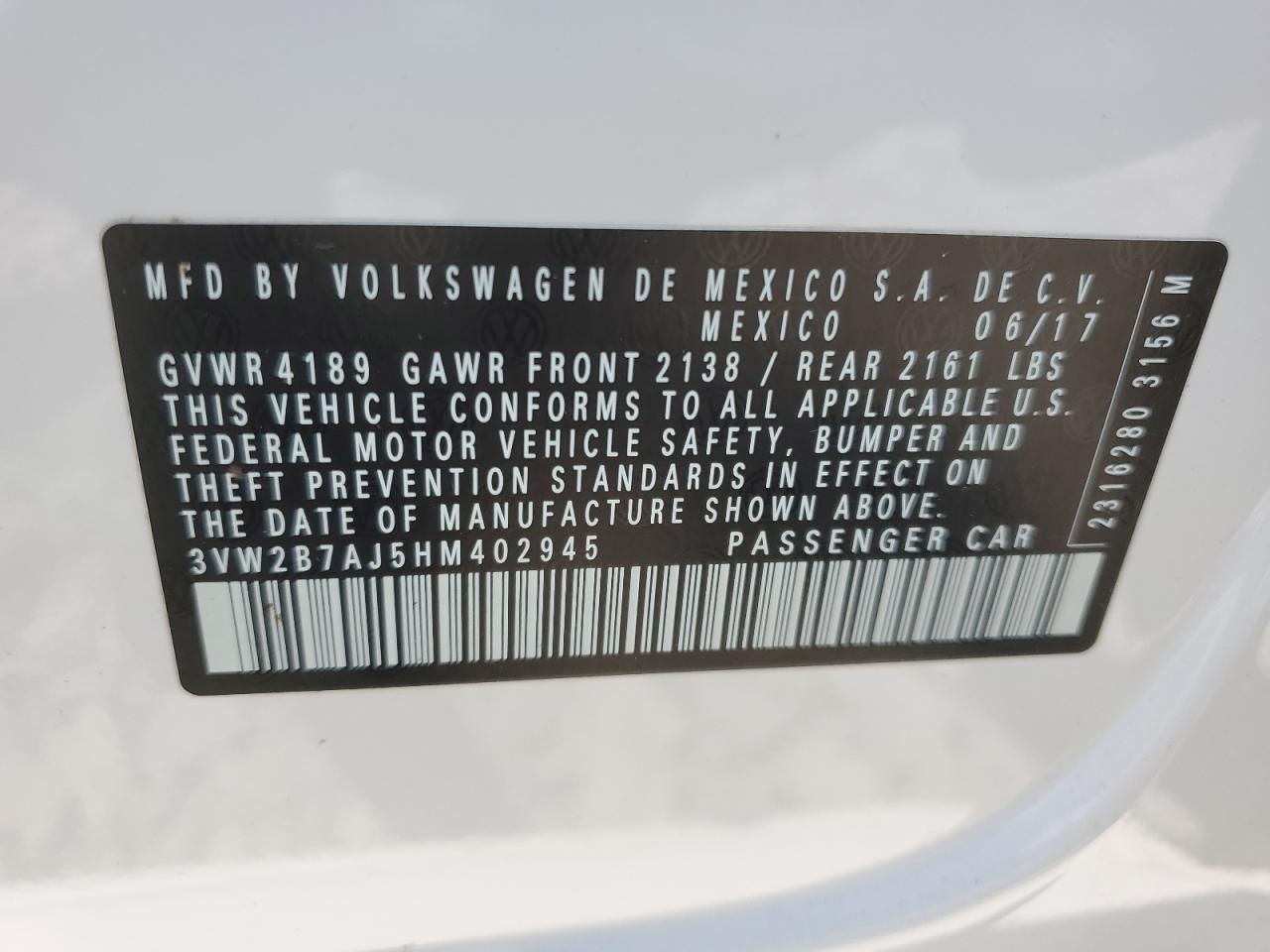 2017 Volkswagen Jetta S VIN: 3VW2B7AJ5HM402945 Lot: 58748274