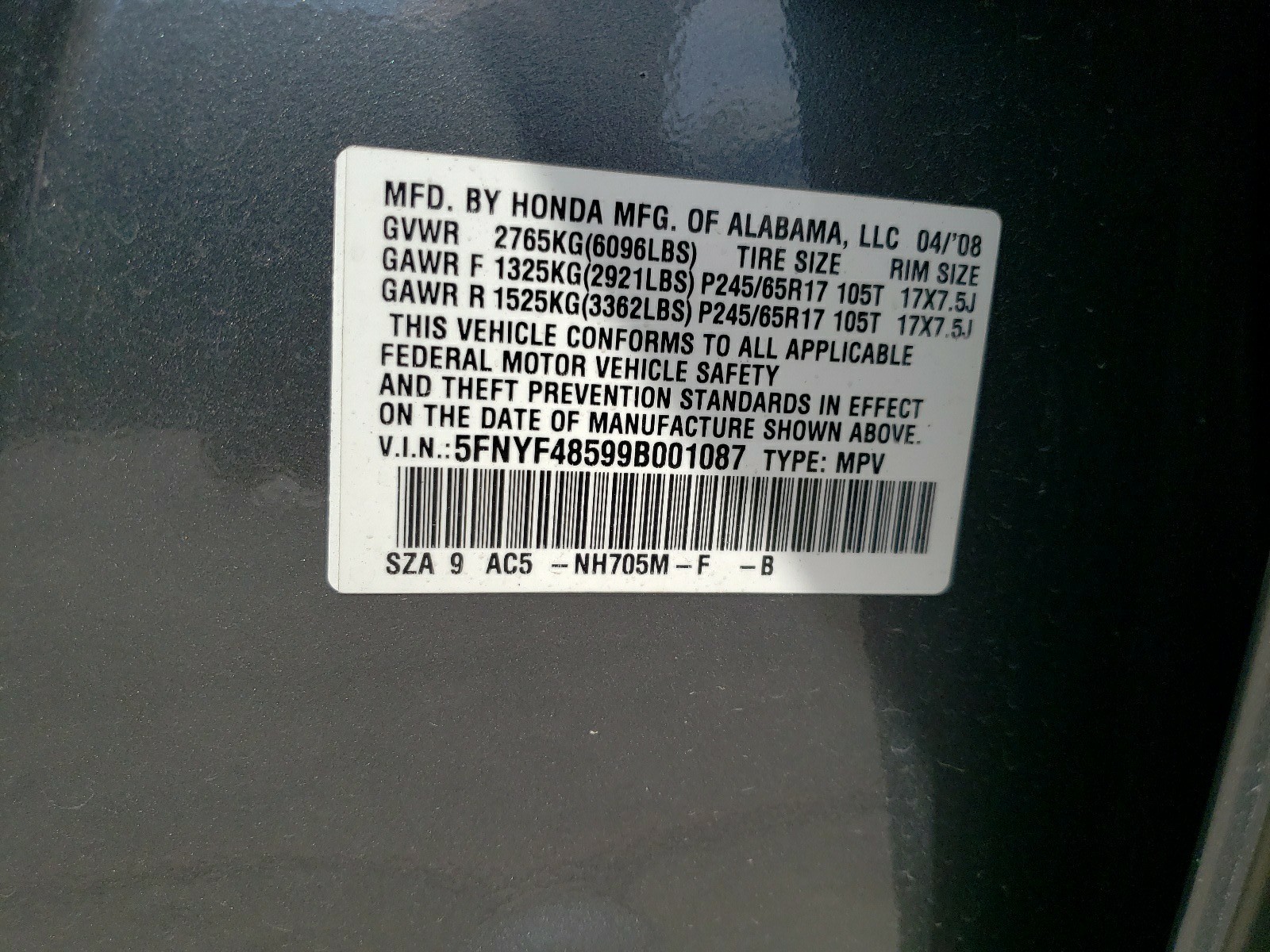 5FNYF48599B001087 2009 Honda Pilot Exl