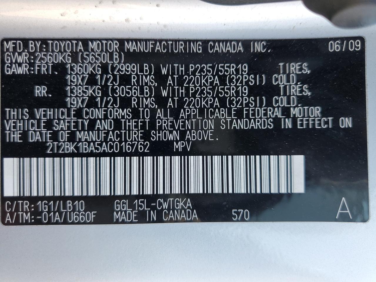 2010 Lexus Rx 350 VIN: 2T2BK1BA5AC016762 Lot: 60353774