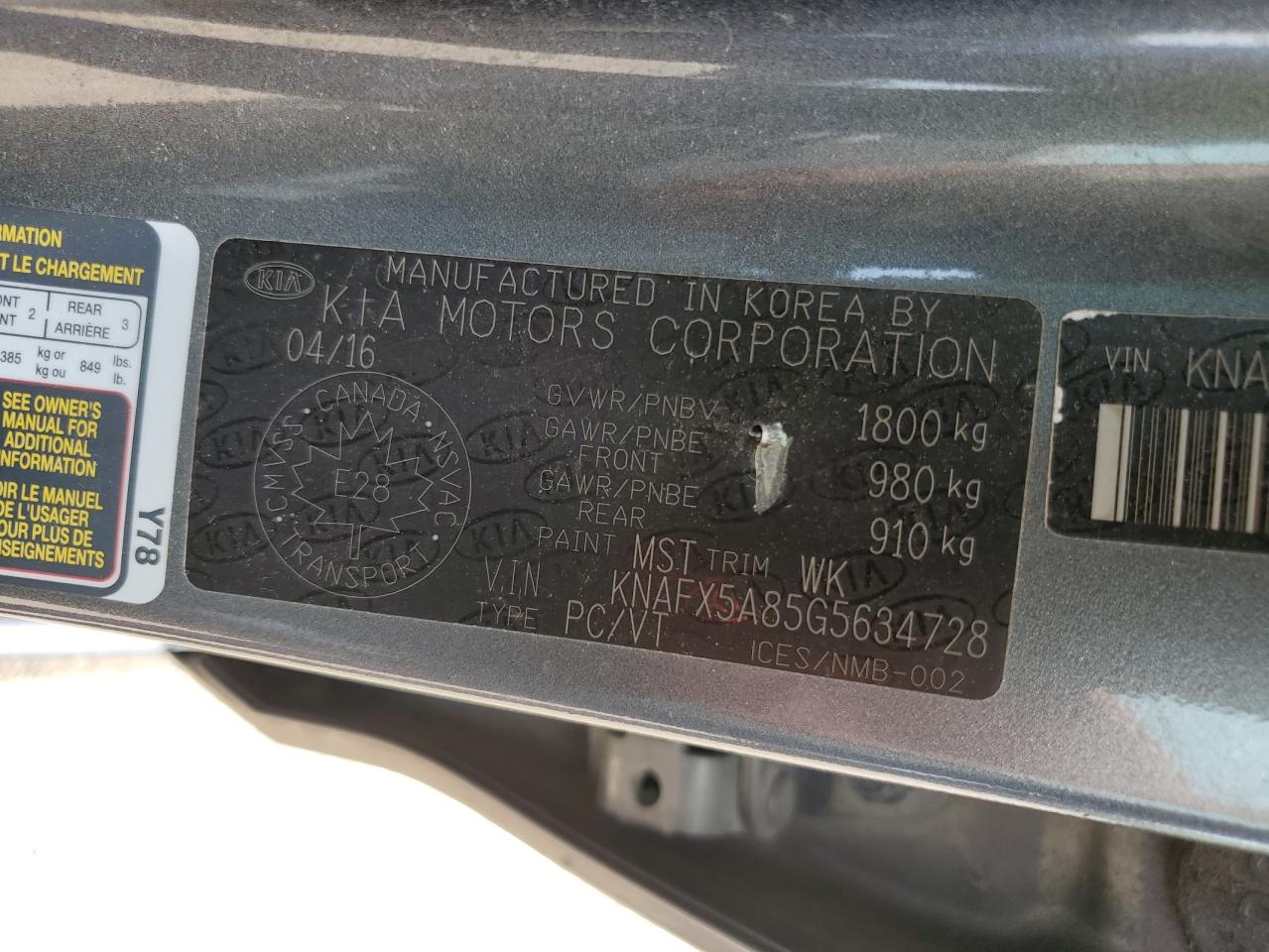 KNAFX5A85G5634728 2016 Kia Forte Ex