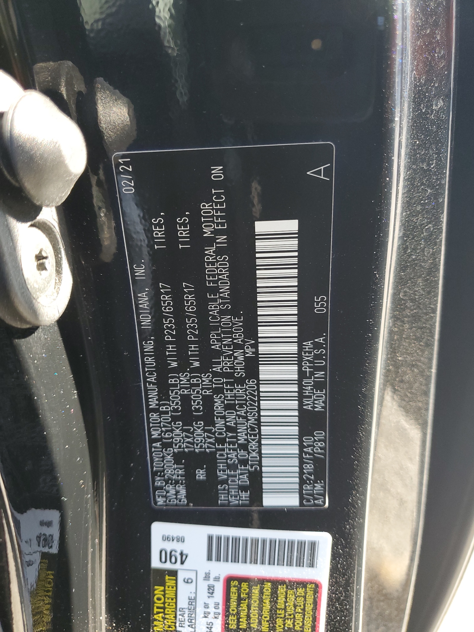 5TDKRKEC7MS022206 2021 Toyota Sienna Le
