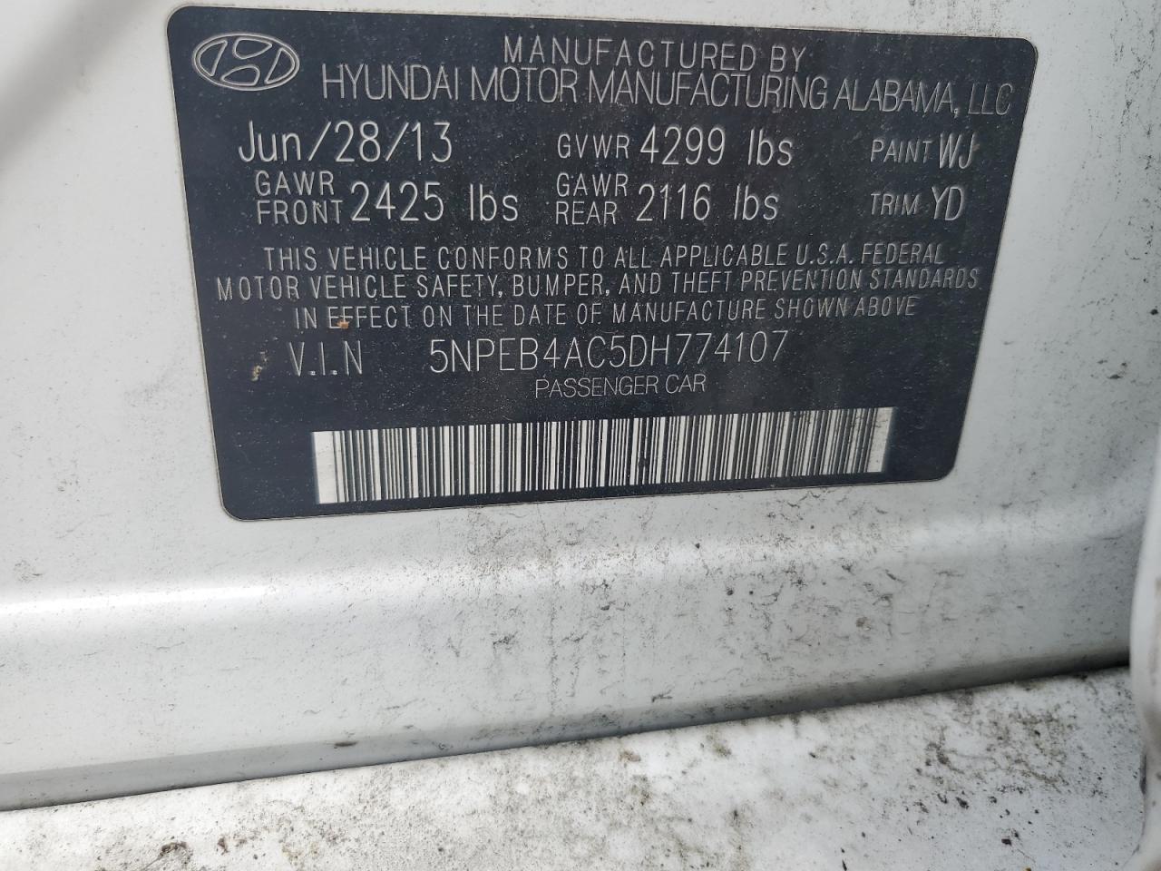 2013 Hyundai Sonata Gls VIN: 5NPEB4AC5DH774107 Lot: 59672924