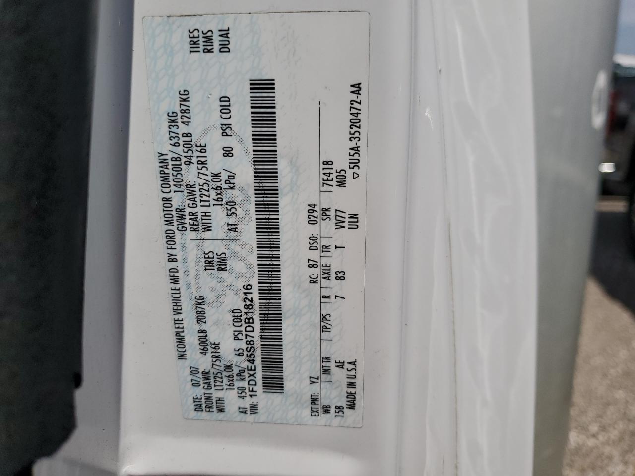 2007 Ford Econoline E450 Super Duty Cutaway Van VIN: 1FDXE45S87DB18216 Lot: 60345964