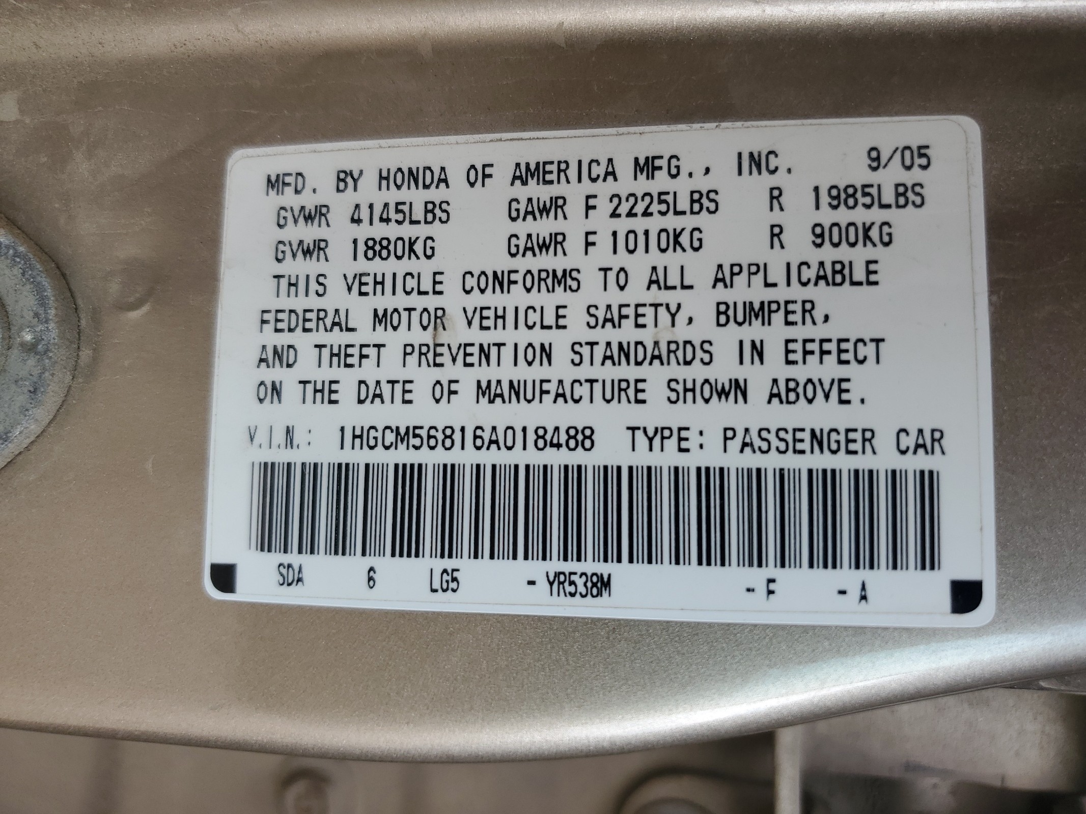 1HGCM56816A018488 2006 Honda Accord Ex