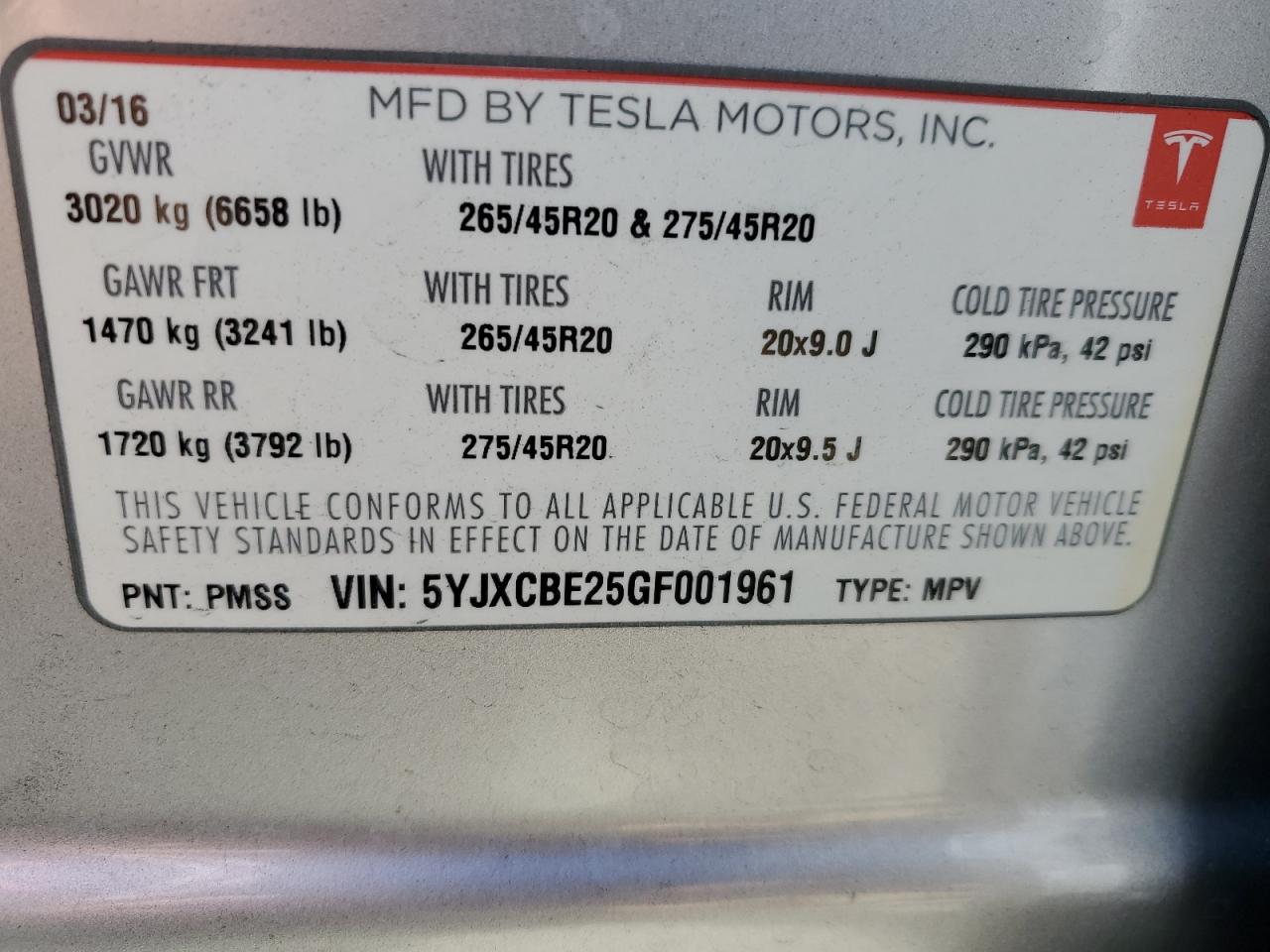 2016 Tesla Model X VIN: 5YJXCBE25GF001961 Lot: 60838274