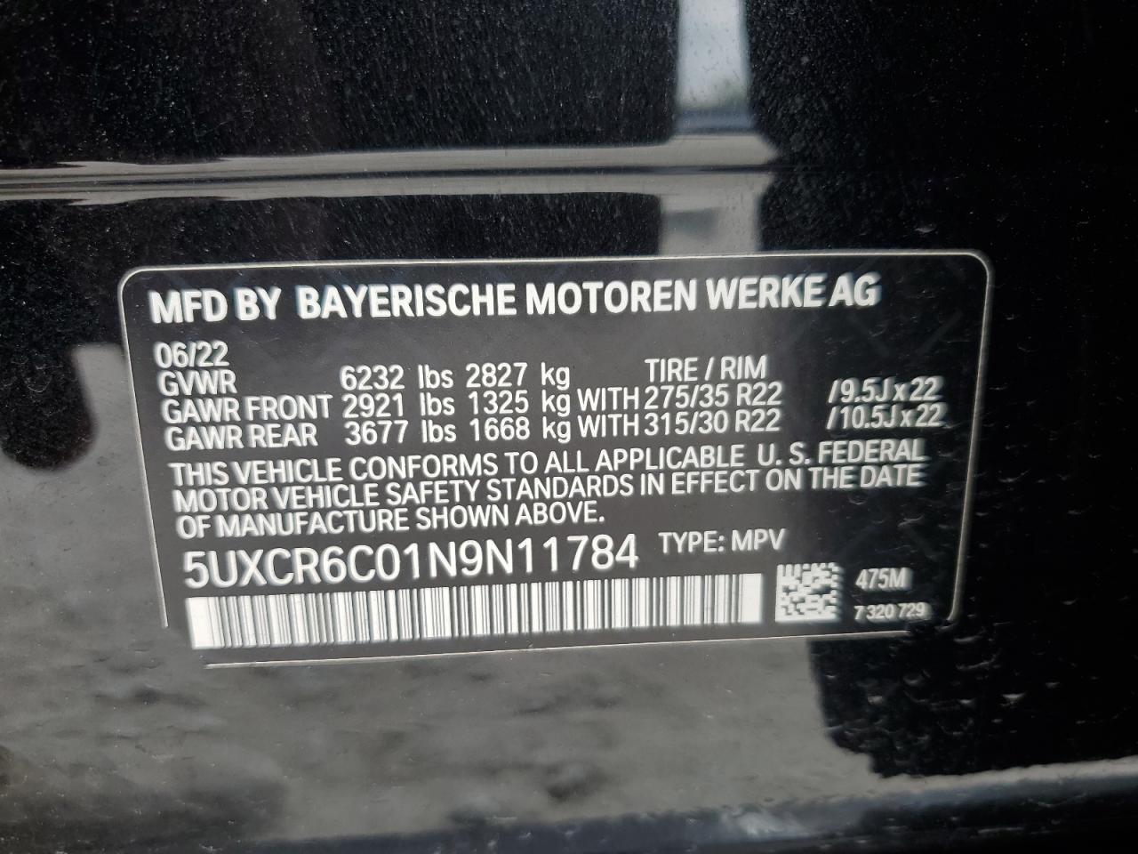 2022 BMW X5 xDrive40I VIN: 5UXCR6C01N9N11784 Lot: 59390534