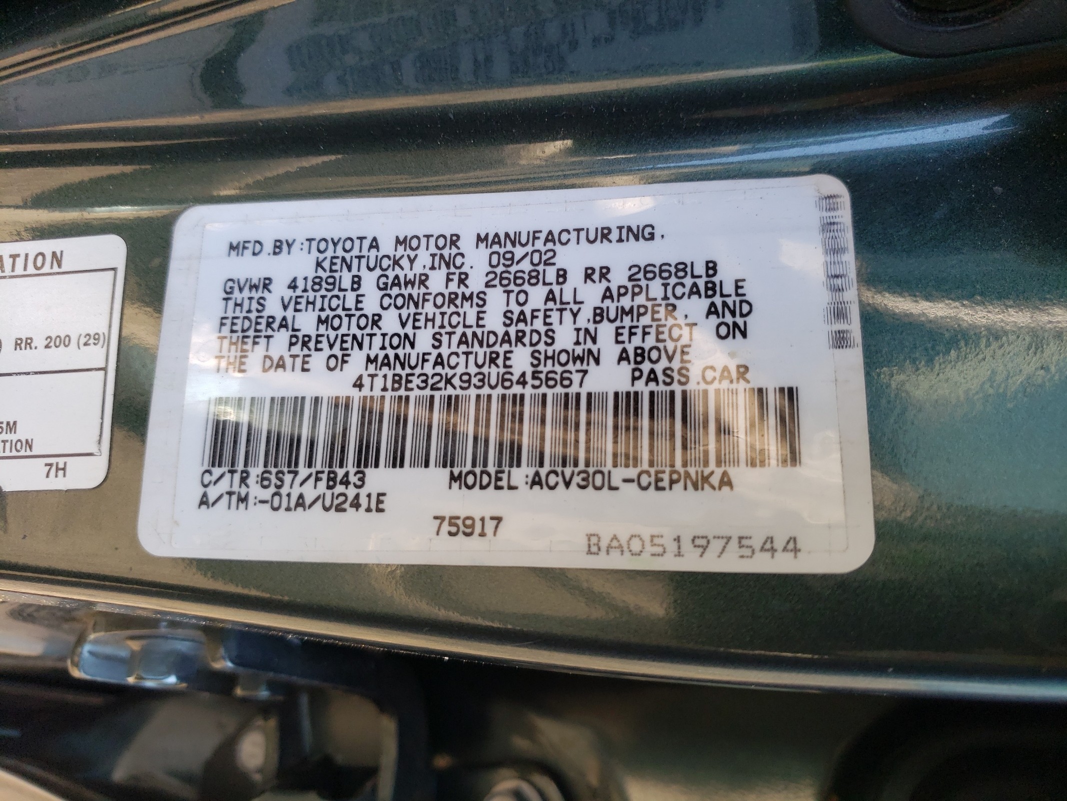 4T1BE32K93U645667 2003 Toyota Camry Le