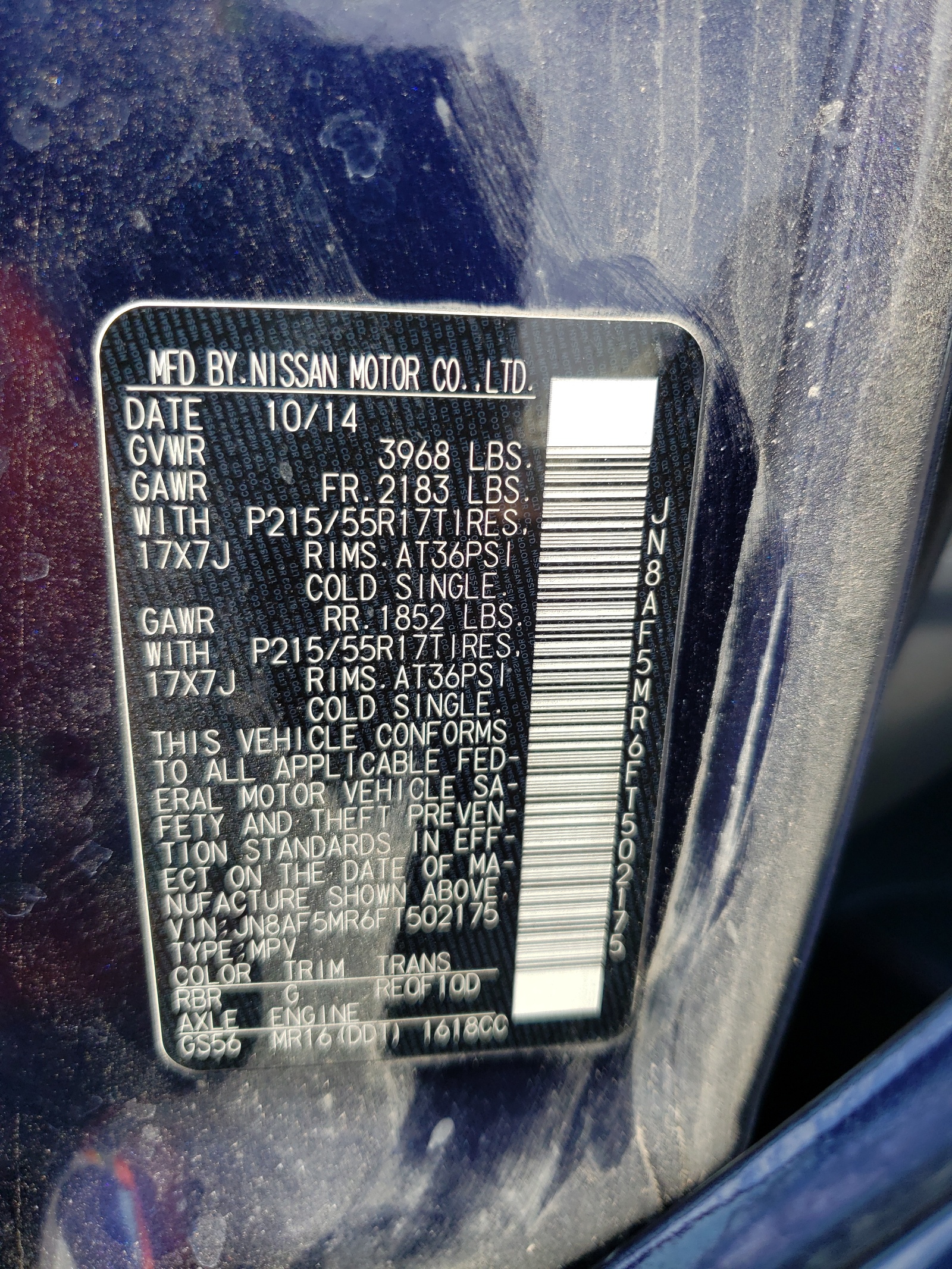 JN8AF5MR6FT502175 2015 Nissan Juke S