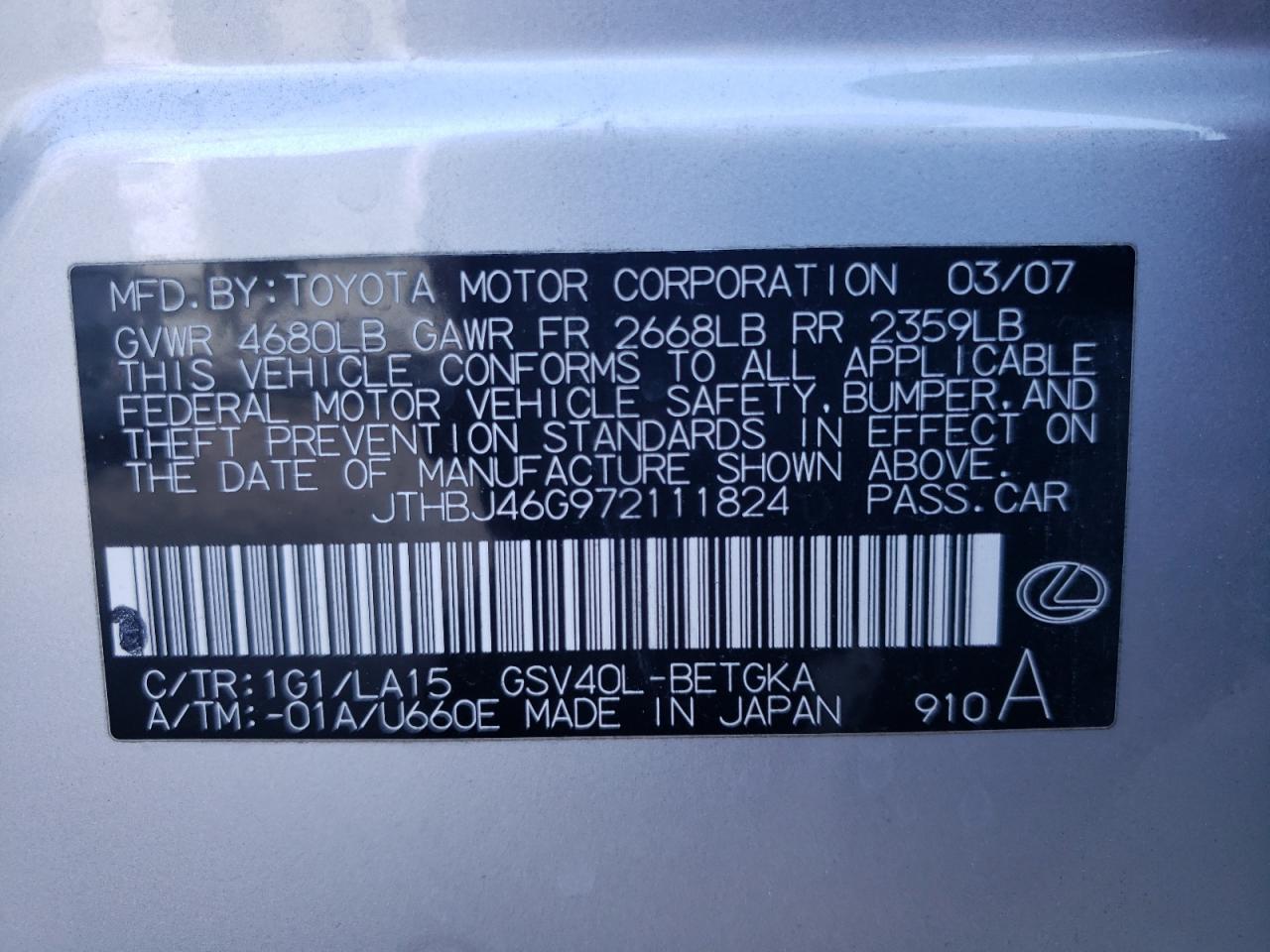 2007 Lexus Es 350 VIN: JTHBJ46G972111824 Lot: 60434844